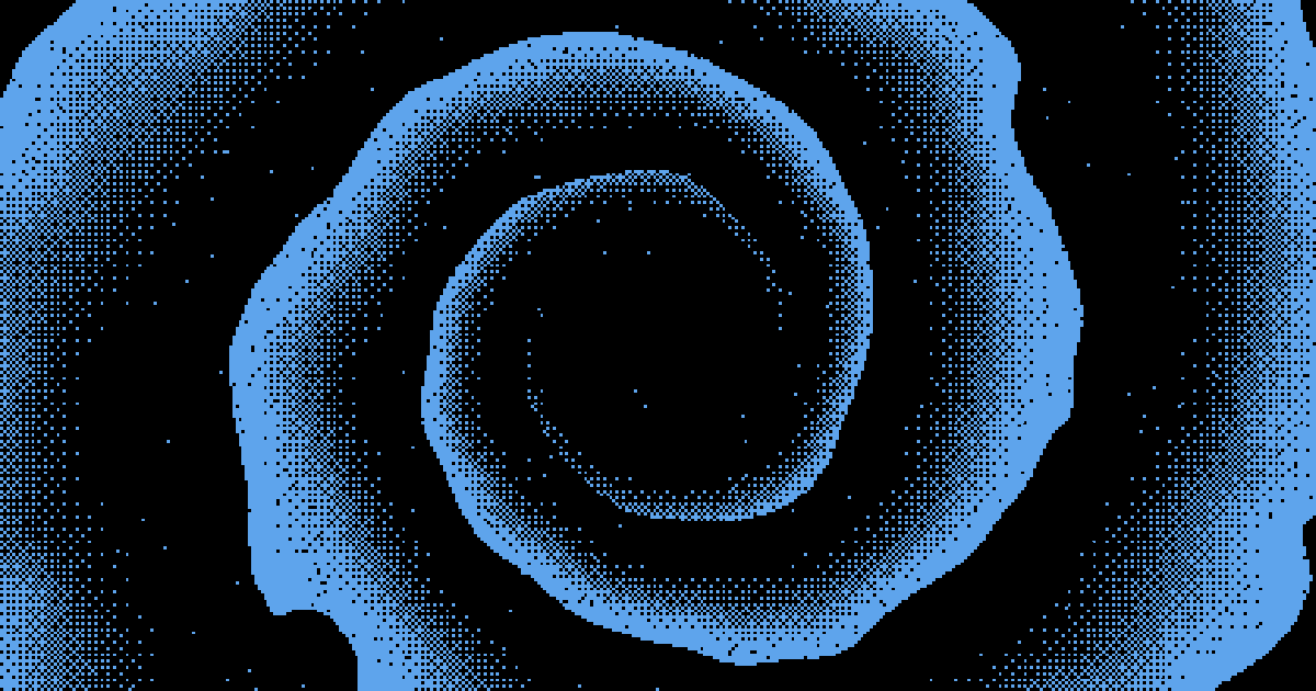 Dither shader, a two-arm spiral vortex in blue and black drawn in a coarse pixel lattice